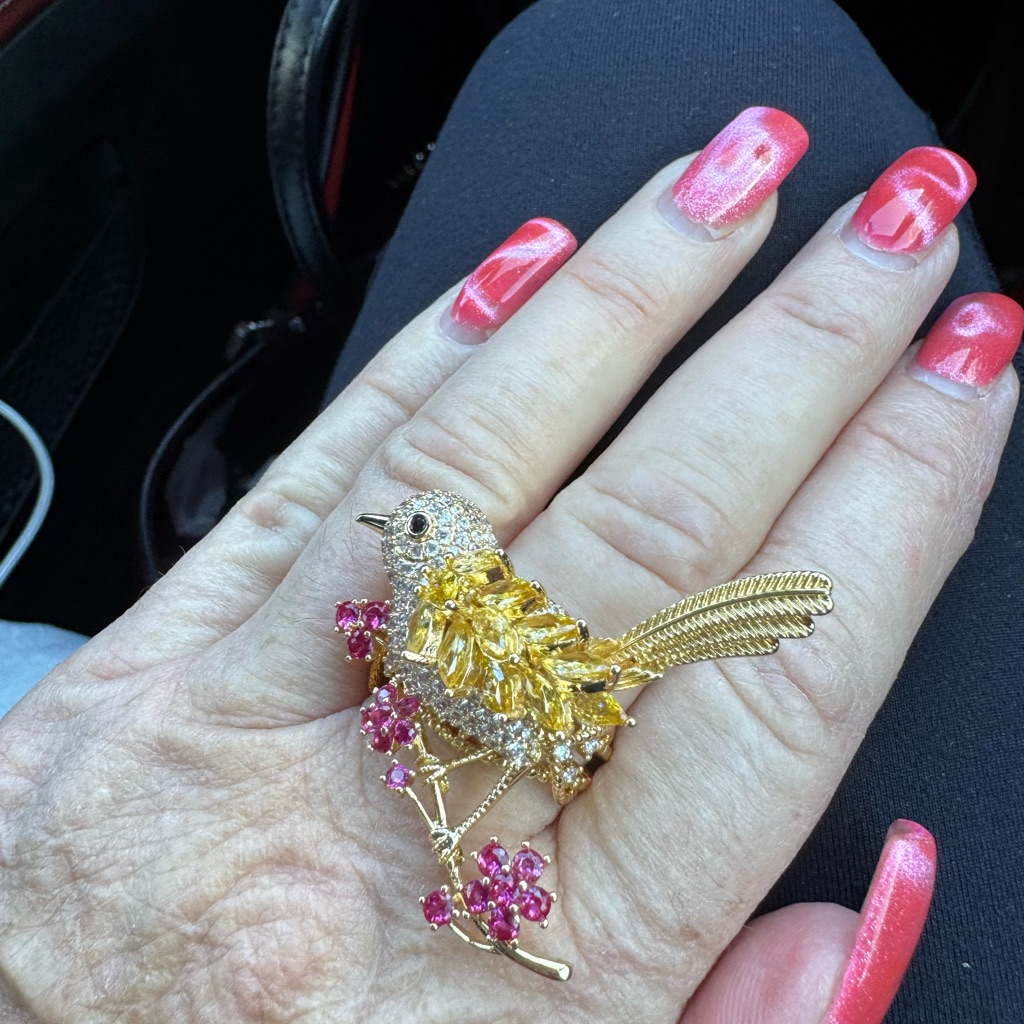 Ornate Gold And Pink Brooch With Bird Motif 67$